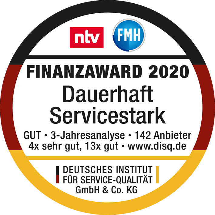 Finanz-Award 2020 – dauerhaft servicestark. Das Qaulitätssiegel, das besondere Servicequalität belohnt.